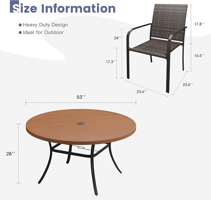 VICLLAX 9 Pieces Patio Dining Set, 8 Stakable Wicker Outdoor Chairs and 53" Patio Round Metal Table with Umbrella Hole for Backyard Lawn Deck, Walnut Tabletop