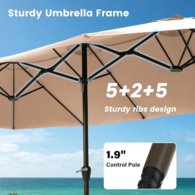 15FT Large Patio Umbrellas with Base Included, Outdoor Double-Sided Rectangle Big Market Umbrella with Stand, Outside Umbrellas for Poolside Lawn Backyard,Beige
