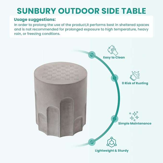 SUNBURY Outdoor Side Table, 15" W Small Outdoor End Table, Concrete Side Tables w Chessboard, Lightweight MgO Round Patio Side Tables, Garden Stool Plant Stand for Yard, Front Porch, Grey