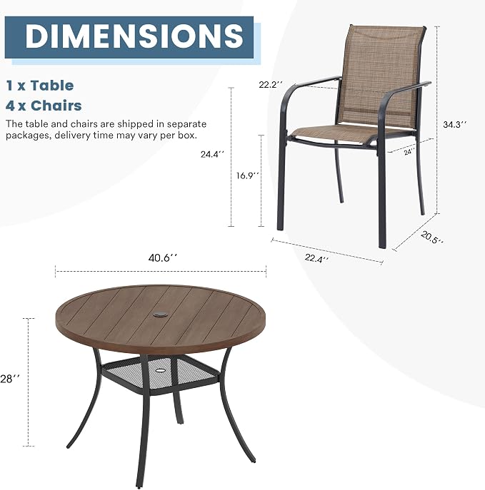 DIFY Outdoor Dining Set for 4, Patio Dining Furniture Set Includes 42" Walnut Round Table with Adjustable Umbrella Hole and 4 Brown Stackable Metal Chairs for Poolside, Garden, Backyard