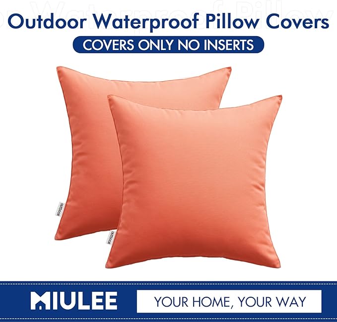 MIULEE Pack of 2 Decorative Outdoor Waterproof Pillow Covers Square Garden Cushion Sham Throw Pillowcase Summer Shell for Patio Tent Couch 16x16 Inch Coral Red