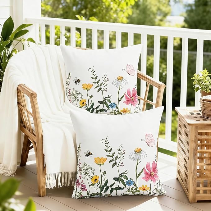 Merrycolor Waterproof Outdoor Flower Pillow Covers Spring Decorations for Home Spring Summer Throw Pillow Covers18×18 Pack of 2 Farmhouse Cushion Covers for Tent Porch Swing Patio Garden Couch Sofa