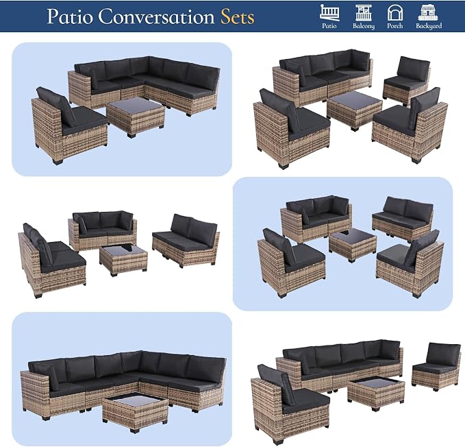 FHFO 14 Piece Outdoor Wicker Patio Furniture Set, Yellow/Black | Sectional Sofa | All-Weather Hand-Woven Rattan | Tempered Glass Coffee Table | Free Combination | Indoor & Outdoor Use