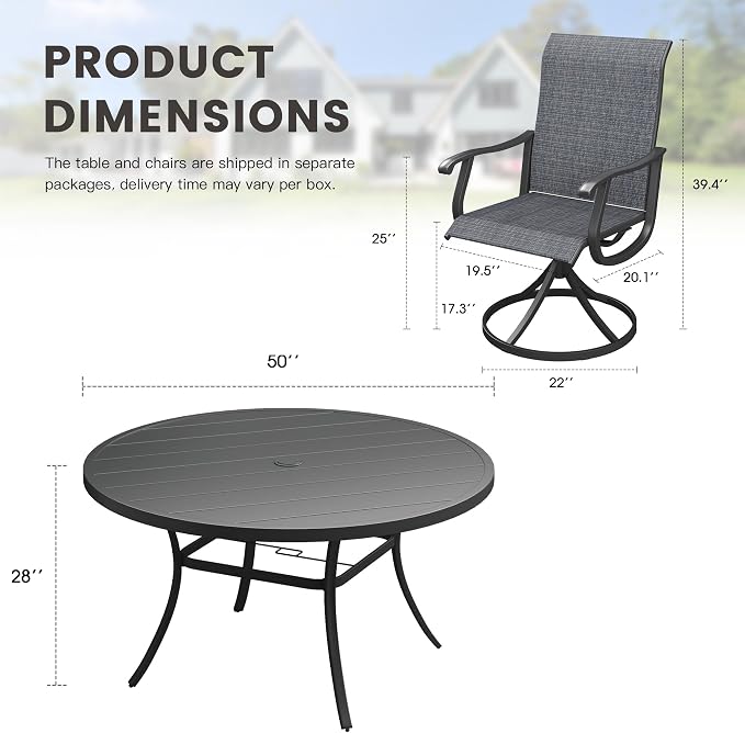Outdoor Dining Set for 6, 50" Metal Round Outdoor Dining Table with Umbrella Hole and Sling Patio Swivel Chairs, 7 Pieces Patio Table and Chairs Set for Garden Backyard, Charcoal and Black