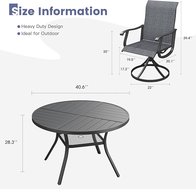 VICLLAX 5 Pieces Patio Dining Set, Patio Furniture Set of 4 Patio Swivel Dining Chairs and 40.6" Patio Spliced Round Tabletop with Storage Shelf, Dark Charcoal Chairs & Black Tabletop