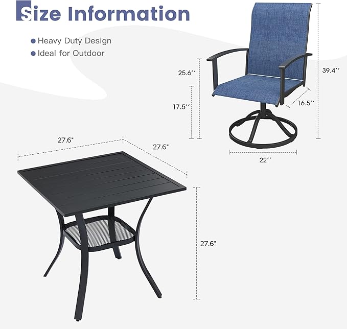 VICLLAX Small Patio Dining Set for 2, Outdoor Table and Chairs Set with 27.5" Metal Square Patio Table & 2 Swivel Outdoor Dining Chairs for Backyard Lawn Porch Garden, Dark Blue & Black