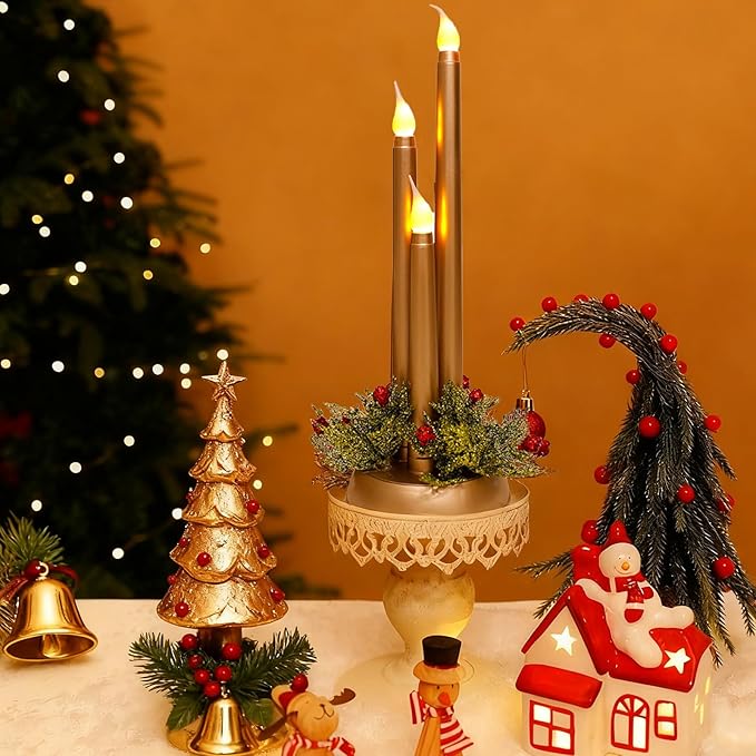 Flameless Taper Candles LED Candlesticks Battery Operated 3D Flicker Fake Candle for Xmas Wedding Fireplace Holiday Party Decor(Gold)