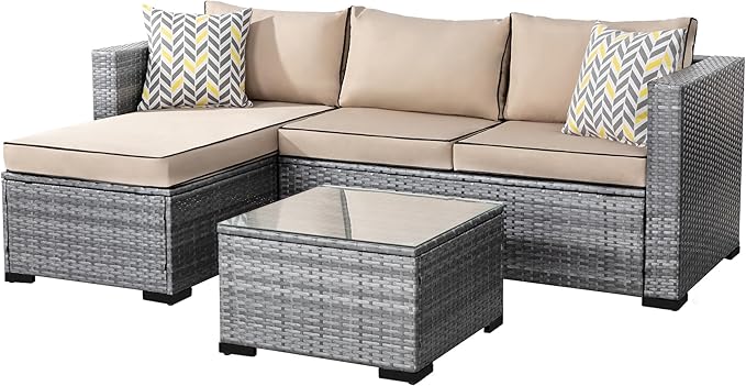 3 Pcs Patio Furniture Set,Outdoor Sectional Sofa with Washable Khaki Cushions,Silver Wicker Outdoor Conversation Set with Glass Table,All-Weather Patio Rattan Sofa Couch for Poolside,Garden,Backyard