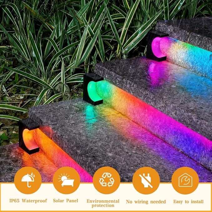Upgraded Wireless Solar Step Lights. 5X Longer Life Than Ordinary. Strong 3M Adhesive + Screws. IP65 Waterproof for Stairs/Decks/patios. Reliable Performance(RGB Changing 4 Pack)