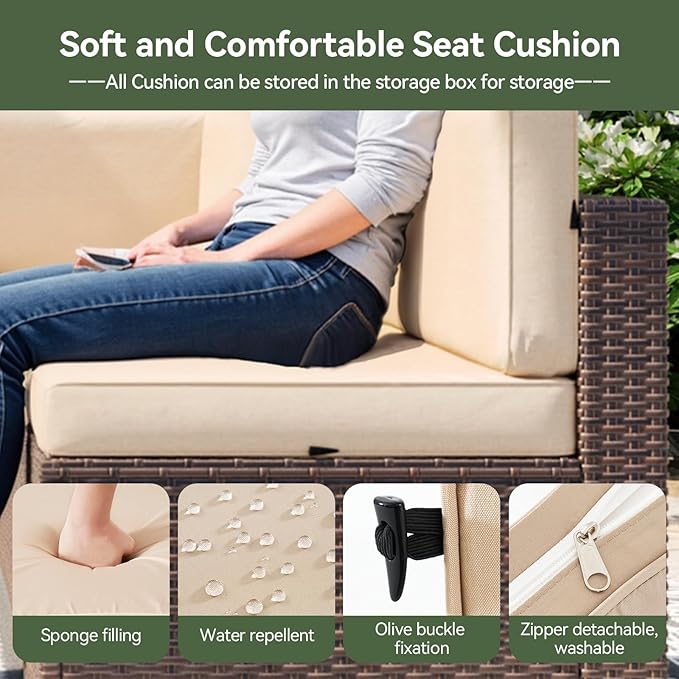 Aoxun 8 Piece Patio Furniture Set, Wicker Outdoor Furniture Set with Storage Box, Patio Sectional Set with Thickened Cushions, Waterproof Cover and 25.6" Coffee Table (Brown& Khaki)