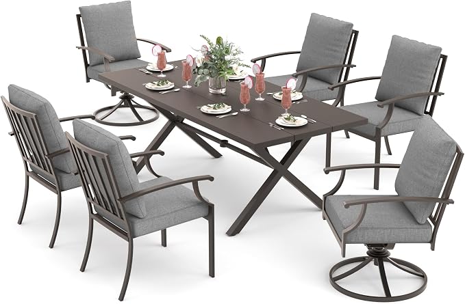 ALAULM 7-Piece Patio Dining Table and Chairs for 6 Outdoor Dining Set with 2 Swivel Chairs Patio Dining Sets with Rectangular Metal Table with Umbrella Hole for Patio, Backyard, Garden-Grey