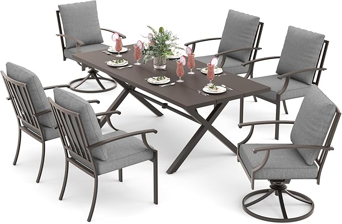 ALAULM 7-Piece Patio Dining Table and Chairs for 6 Outdoor Dining Set with 2 Swivel Chairs Patio Dining Sets with Rectangular Metal Table with Umbrella Hole for Patio, Backyard, Garden-Grey