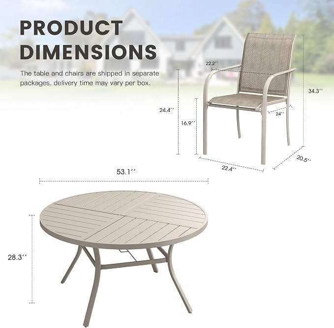 Patio Table and Chairs Sets for 8, Outdoor Dining Set with 8 Stackable Dining Chairs and 54" x 54" Round Thick Slatted Table for Backyard, Deck, Lawn, Garden, Sandshell