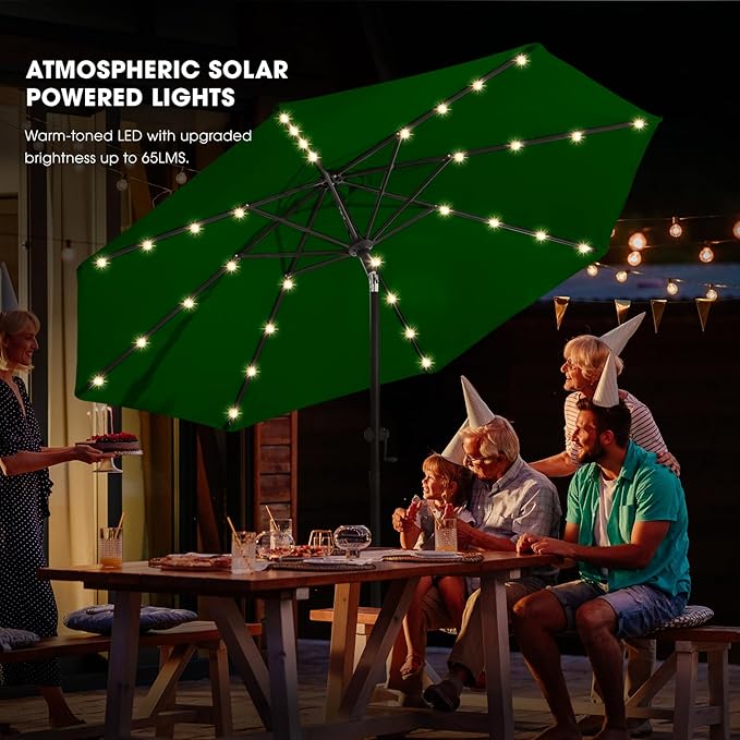 wikiwiki 9FT Solar Led Patio Umbrella with Base Included, 32 LED Lights, 8 Sturdy Ribs, Fade Resistant Waterproof POLYESTER DTY Canopy for Garden, Lawn, Deck, Backyard & Pool, Dark Green