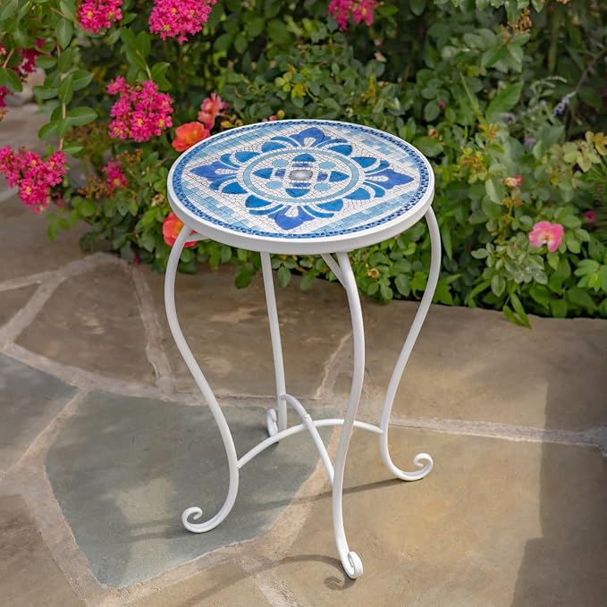 Zaer Ltd. Mosaic Tile Furniture with White Metal Frame and Patterned Tile Tops (Cape May - White/Blue, Pedestal Plant Stand)