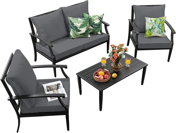 4-Piece Patio Conversation Set,Oversized Outdoor Metal Furniture Set with Table and Loveseat,Removable and Washable Deep Seating Cushions,High Backrest for Porch Poolside Deck,Grey