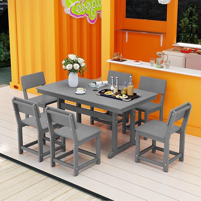 7-Piece HDPE Outdoor Dining Set, Weatherproof Patio Table and Chairs for 6, Outdoor Dining Table Set for Outside Deck Backyard Garden, Grey