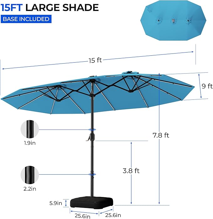 HOMSHADE Double Sided Patio Umbrellas with Base - 15ft RGB Multi-Color Flowing LED Lights Outdoor Extra Large Market Table Umbrella w/Stand, Oversized Umbrella for Deck, Pool, Backyard,Light Blue