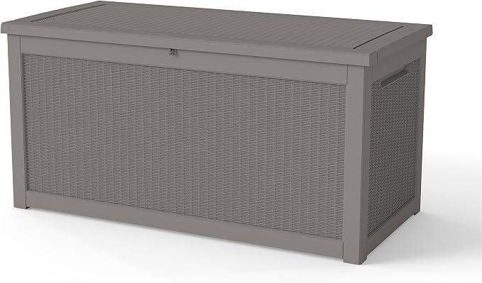 LAUSAINT HOME 280 Gallon Colossal Resin Deck Box with Hydraulic Pistons - Grand Estate Size Waterproof Outdoor Storage Bench, Lockable Patio Furniture Locker for Pool and Backyard (Light Brown)