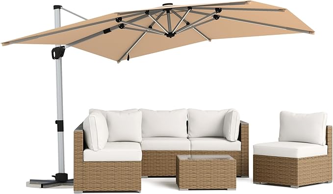 LAUSAINT HOME 10FT Square Cantilever Patio Umbrella with Solar Lights, Windproof Heavy Duty Offset Outdoor Umbrella for Backyard, Pool, Garden & Deck,Khaki