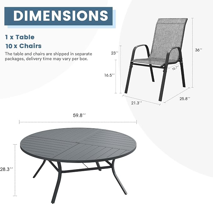 DIFY 11 Piece Outdoor Dining Set, 60" Round Metal Dining Table and Textilene Stackable Patio Chairs, Patio Table and Chairs Set for 10 with Umbrella Hole for Backyard Garden Deck, Grey