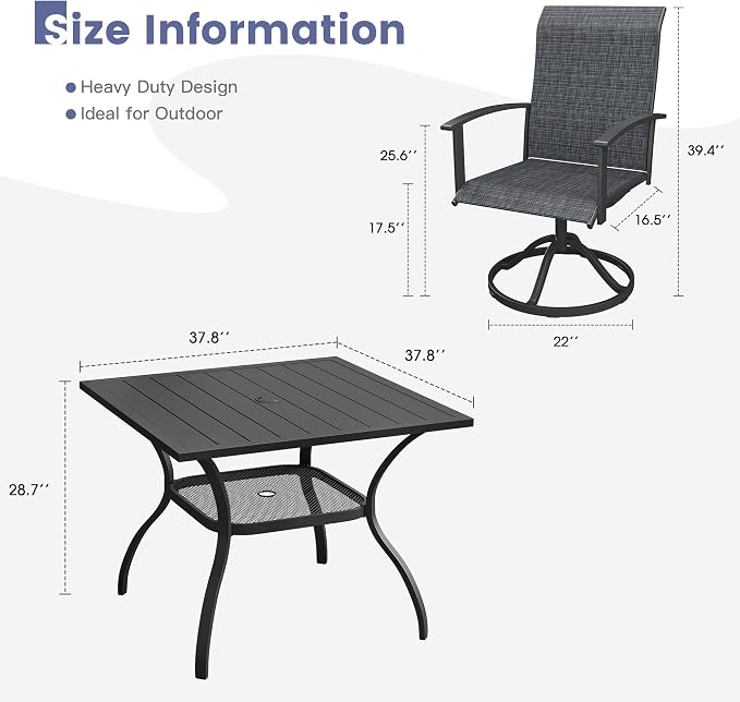 VICLLAX Outdoor Table and Chairs Set for 4, Patio Dining Set of 37.8" Metal Square Patio Table with Umbrella Hole & 4 Swivel Outdoor Dining Chairs for Backyard Lawn, Charcoal & Black