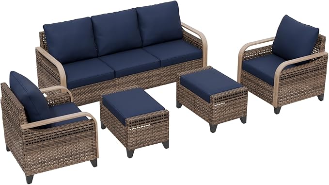Modern Wicker Patio Furniture Set, Rattan Outdoor Conversation Set with Comfortable Cushions, 2 Patio Chairs, 3 Seat Couch and 2 Ottomans, 5 Pieces, Brown/Blue