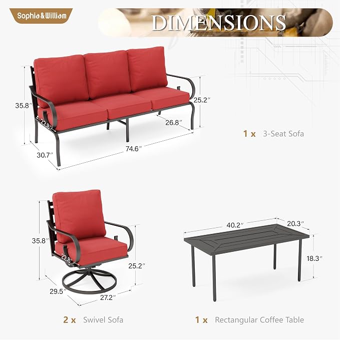 Sophia & William Patio Conversation Set for 5, 3-Seater Sofa, 2 Swivel Chairs and a Coffee Table, Metal Outdoor Furniture with 5.75" Extra Thick Cushions, Red
