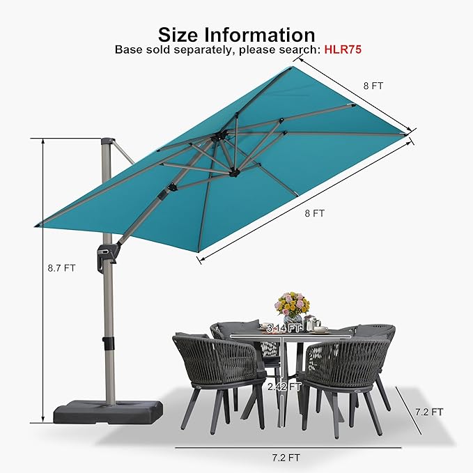 PURPLE LEAF 8’ X 8‘ Patio Umbrella Outdoor Cantilever Umbrella, Aluminum Offset Umbrella with Champagne Frame and 360° Rotation for Pool Deck Garden, Turquoise Blue