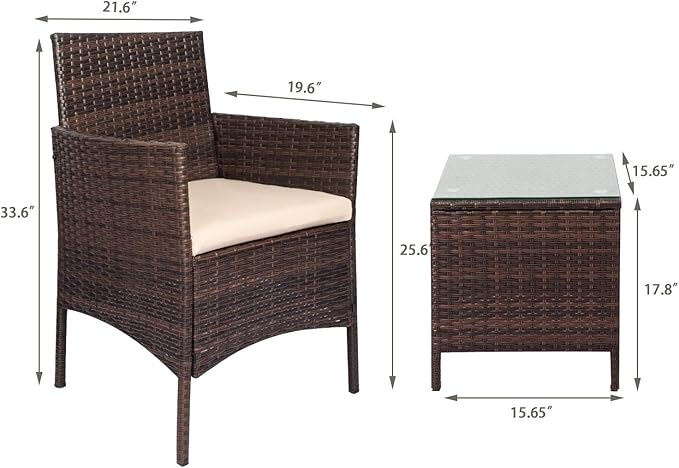 Tuoze Tozey 3 Pieces Patio Furniture PE Rattan Outdoor Conversation Set with Table Backyard Porch Garden Poolside Balcony (Brown),VC700A