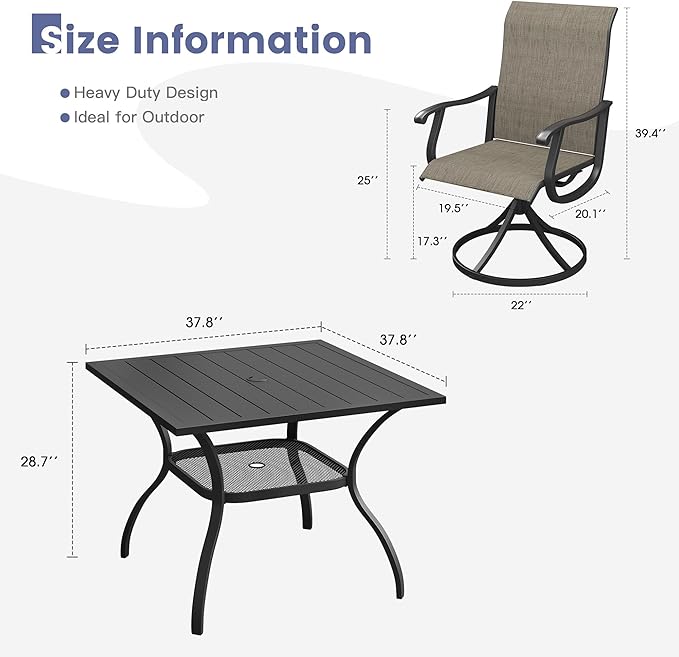 VICLLAX 5 Pieces Patio Dining Set, Patio Furniture Set of 4 Patio Swivel Dining Chairs and Square Patio Table with Storage Shelf, Mixed Brown Chairs & Black Tabletop