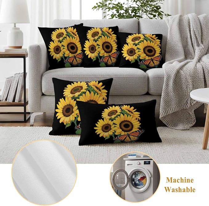 Outdoor Waterproof Throw Pillow Covers Set of 2 Watercolor Sunflower Pillowcases 18x18 Inches Summer Floral Butterfly Decorative Pillows Cushion Case Patio Pillows for Couch Bed Chair Garden
