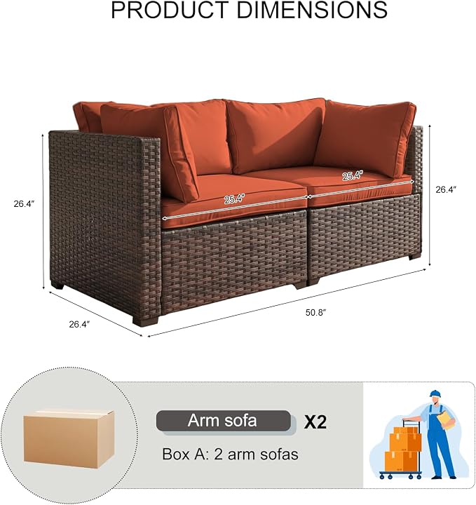 2 Pieces Patio Furniture Set, Outdoor PE Rattan Sectional Sofa with Soft Cushions for Backyard, Porch, and Poolside (Red, 2 PCS)