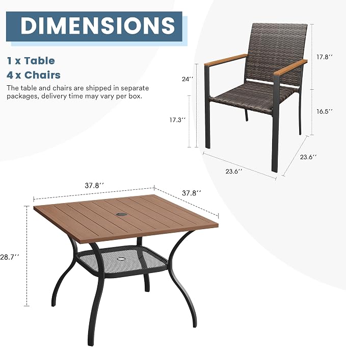 DIFY 5 Piece Patio Dining Set for 4, Wicker Stackable Patio Chairs & 37.8" Square Walnut Metal Dining Table with Umbrella Hole, All Weather Outdoor Table and Chairs Set for Deck Garden Backyard