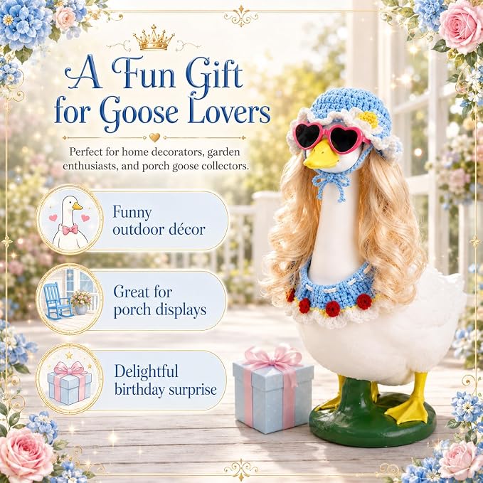 Porch Goose Wigs Blonde 1 Pack with Blue Knit Hat and Scarf Set Porch Goose Blonde Long Wigs Blue Style Outdoor Decor for Lawn Goose Statues