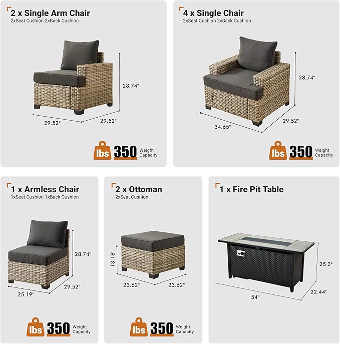 ovios 10 Piece Patio Sectional Furniture with 42in Fire Pit Table, Rattan Wicker Coversation Setwith Single Chairs, Outdoor Sofa Set for Outside Porch Balcony Backyard Pool, Black