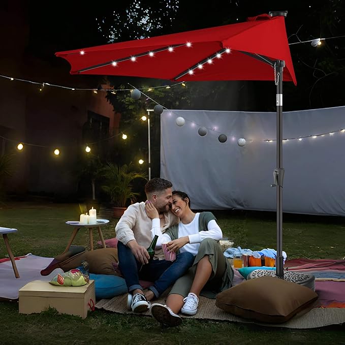 9ft Solar Half Umbrellas Outdoor - LED Half Patio Umbrella with 25 Lights, UV Protection Waterproof, Half Round Umbrella for Wall Balcony, Pool, Porch, Garden, Deck, Backyard, Red