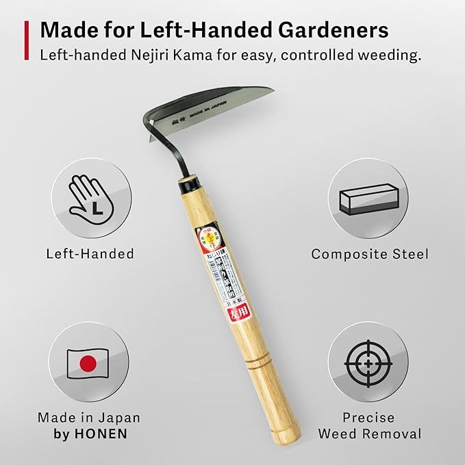 HONEN Japanese Left-Handed Nejiri Kama Weeding Sickle, Sharp Composite Steel Hand Weeder for Precise Weed Removal in Tight Spaces, Wood Handle, Made in Japan