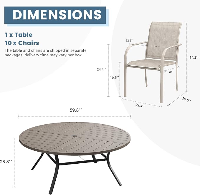 DIFY Patio Dining Set for 10, 11 Piece Outdoor Table and Chairs Set, 59.8" Grey Wood-Like Round Metal Patio Dining Table and 10 Sandshell Textilene Stackable Patio Chairs, for Backyard Garden Deck