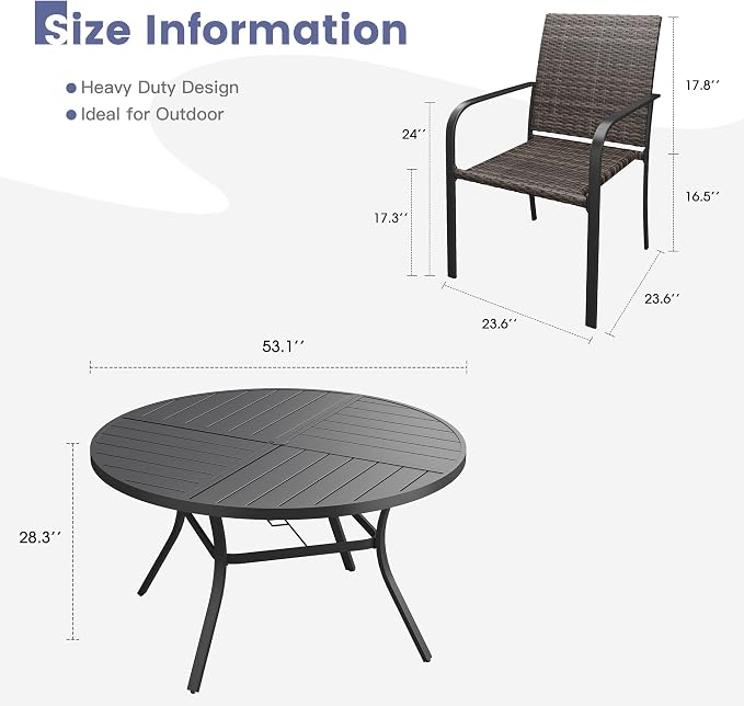 VICLLAX 9 Pieces Outdoor Dining Set, 8 Stakable Wicker Patio Chairs and 53" Patio Round Metal Table with Umbrella Hole for Backyard Lawn Garden, Black Tabletop