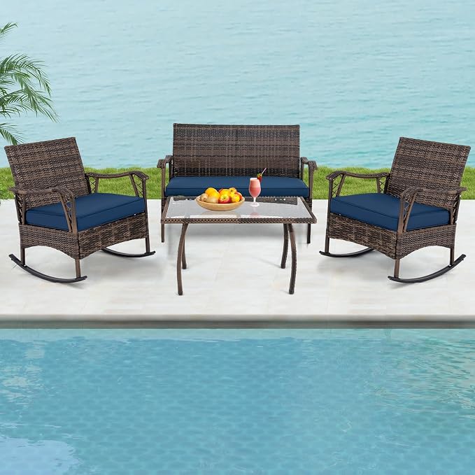Tangkula 4 Piece Wicker Rocking Set, 2 Patio Rattan Rocker Chairs w/Loveseat & Coffee Table, Heavy-Duty Metal Frame & Bungee Rope Seat, Cushioned Patio Rattan Rocker Set for Porch, Poolside (1, Navy)