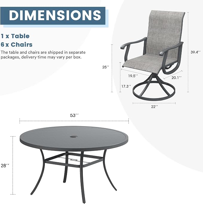 DIFY Outdoor Dining Set for 6, 7 Piece Patio Table and Chairs Set, Swivel Patio Dining Chairs with Textilene Fabric & 53" Round Metal Dining Table with Umbrella Hole, for Garden Backyard Deck, Grey