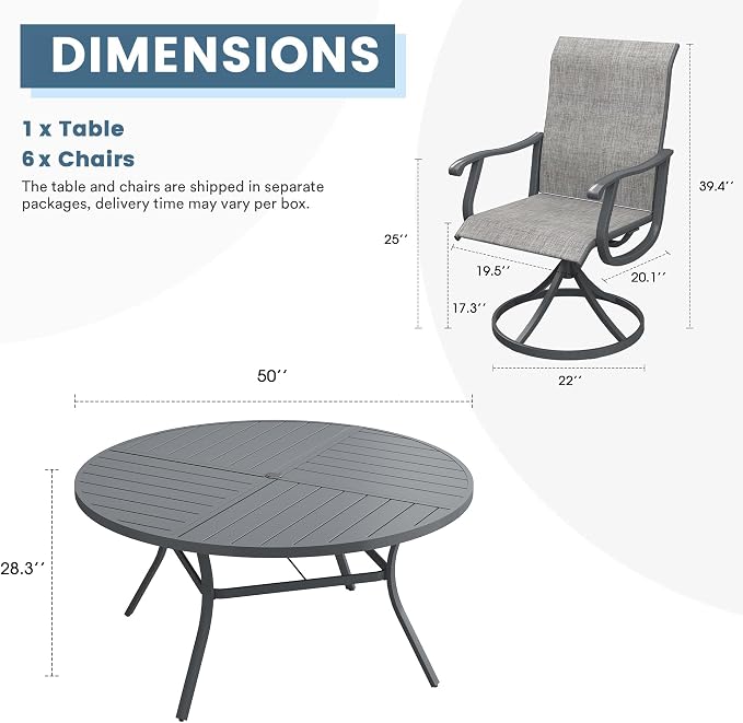 DIFY Patio Table and Chairs Set for 6, 7 Piece Outdoor Dining Set Includes 50" Round Metal Dining Table with Umbrella Hole and 6 Textilene Swivel Patio Chairs, for Garden Backyard Deck, Grey