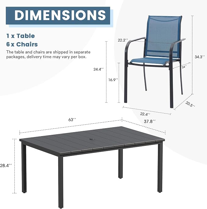 DIFY 7 Pieces Outdoor Patio Dining Set for 6, 63" Black Rectangle Metal Dining Table and 6 Blue Stackable Sling Dining Chairs, Outdoor Table and Chairs for Lawn Garden Backyard Deck