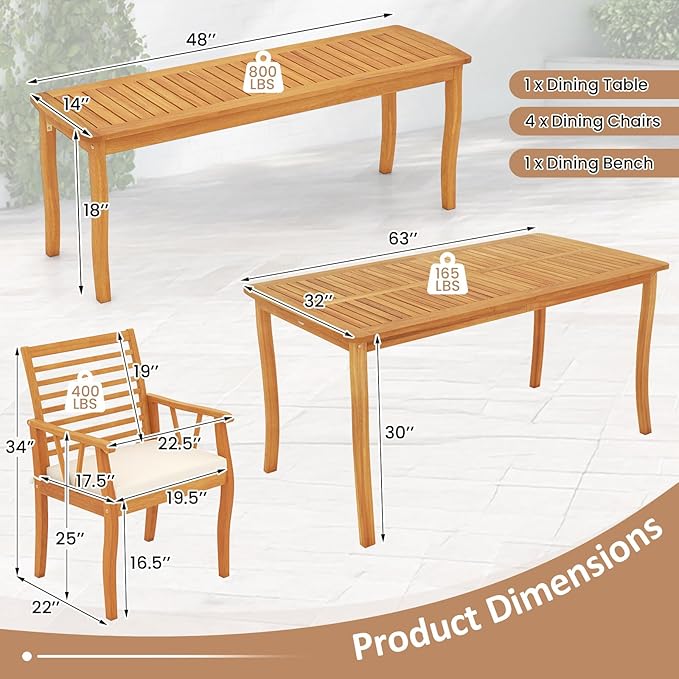 Tangkula 6 Pieces Acacia Wood Patio Dining Set, Outdoor Table and Chairs Set with Bench, 1.97” Umbrella Hole and Cushions, Outside Dining Furniture Set for Deck, Garden and Backyard
