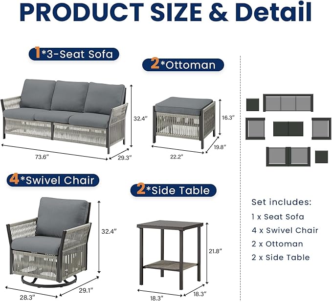 9 Piece Wicker Outdoor Furniture Set, Outdoor Swivel Rocker Chairs Set of 4 with Glass Side Tables Set of 2 and Rattan Sofa, Patio Conversation Set for Deck Backyard Poolside (Grey)
