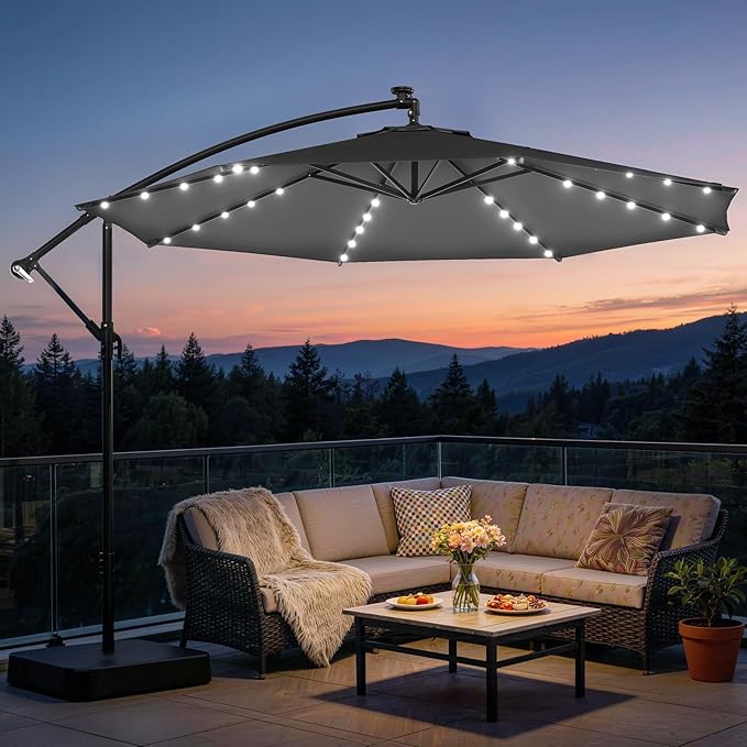 EROMMY 10FT Patio Umbrella, Outdoor Offset Cantilever Umbrella, Infinite Tilt, Crank and Cross Base, UV Protection for Backyard, Lawn, Garden & Pool