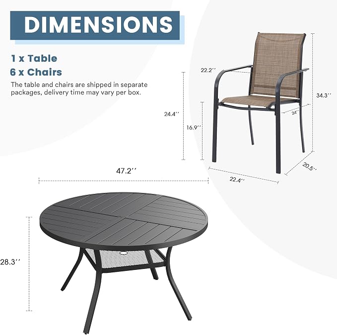 DIFY Patio Dining Set for 6, 7 Piece Outdoor Table and Chairs Set, 47.2" Black Round Metal Patio Dining Table and 6 Brown Textilene Stackable Patio Chairs, for Backyard Garden Poolside