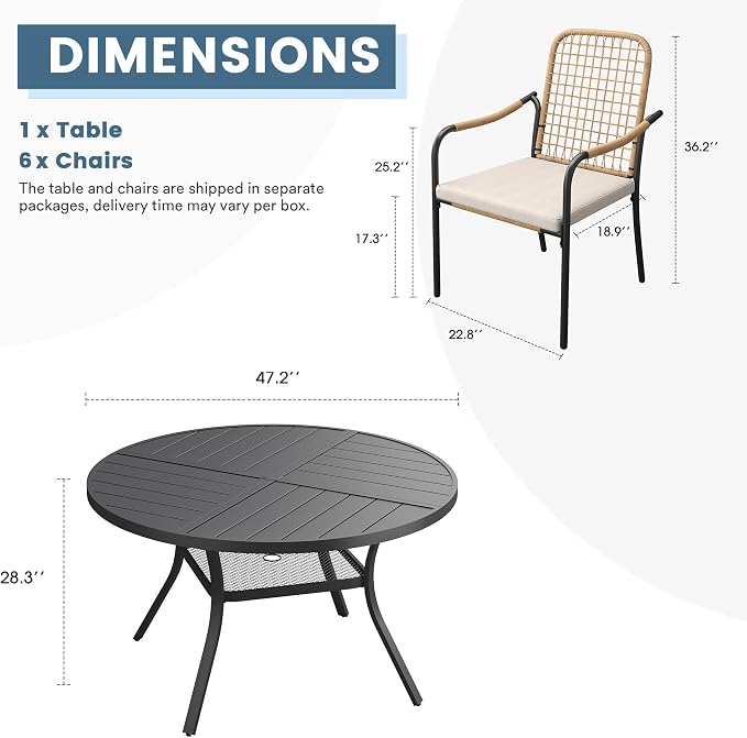 DIFY 7 Pieces Outdoor Dining Set, Metal Patio Table and Chairs Set for 6, 47.2" Round Dining Table with Umbrella Hole & Wicker Stackable Patio Chairs with Cushions, Black Tabletop