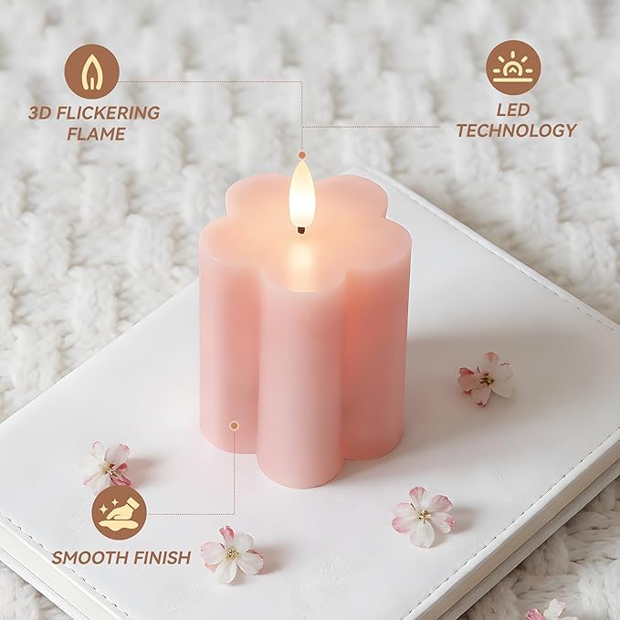 Pink Flower Flameless Candles with Remote and Timer Real Wax Made LED Pillar Candles Battery Operated with 3D Flickering Flame Indoor Use Spring Decor, 3" x 4",5",6", Set of 3